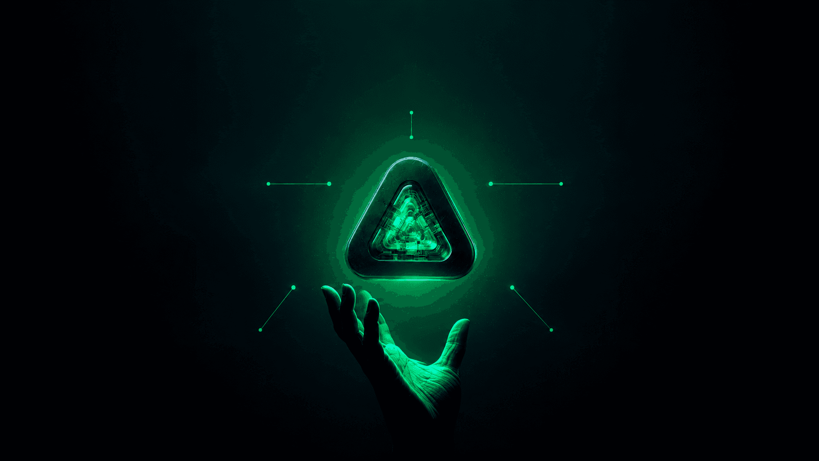 The brand mark glowing green above an open hand, with thin lines radiating from it